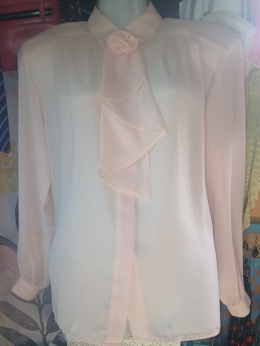 80s Vintage Notations Peach Scarf W/ Blossom Neck Blouse 8
